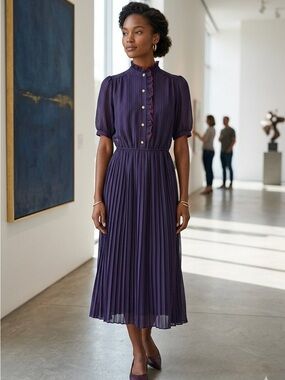 Vintage made in Japan Purple Short-Sleeve Midi Dress with Red Trim size S-M